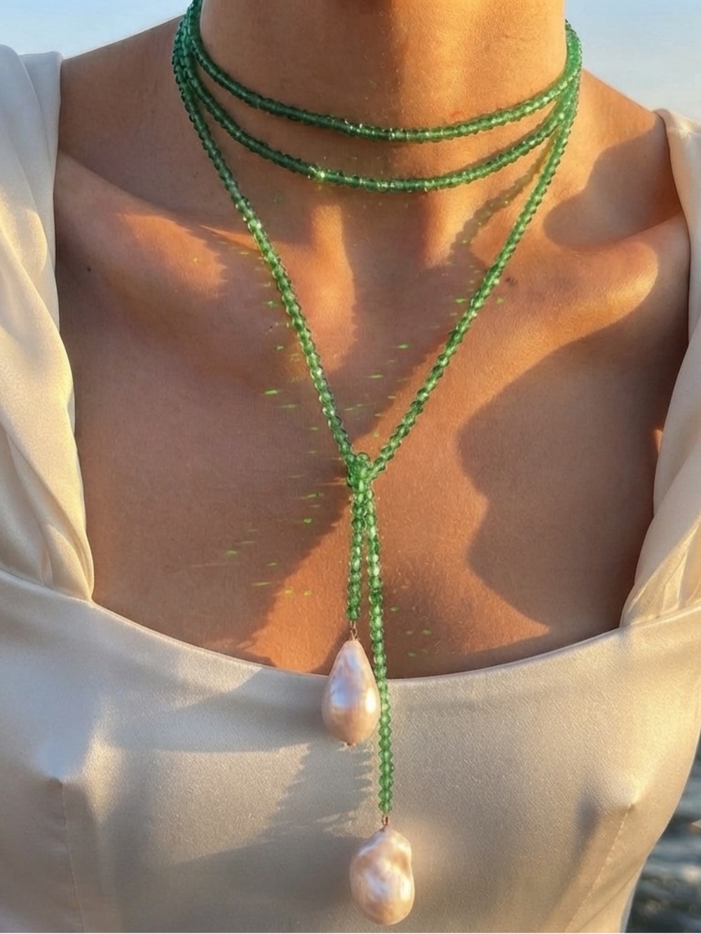 Green Beaded Lariat Necklace with Pearl Drops - Women Jewelry - Picture 3 of 7